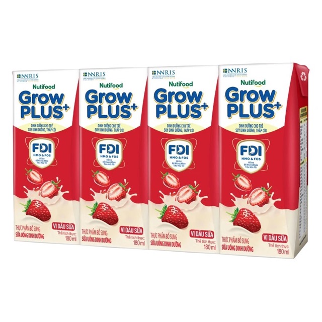 Lốc 4 hộp sữa pha sẵn Nutifood GrowPLUS+ đỏ hương dâu