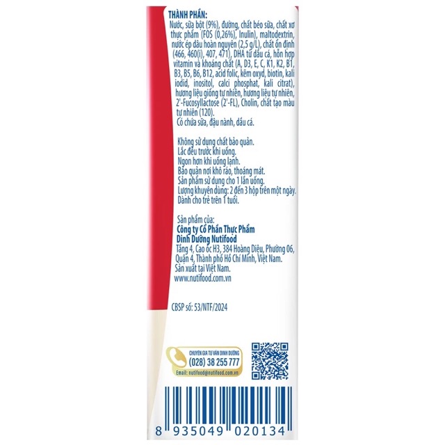 Thành phần dinh dưỡng Sữa pha sẵn Nutifood GrowPLUS+