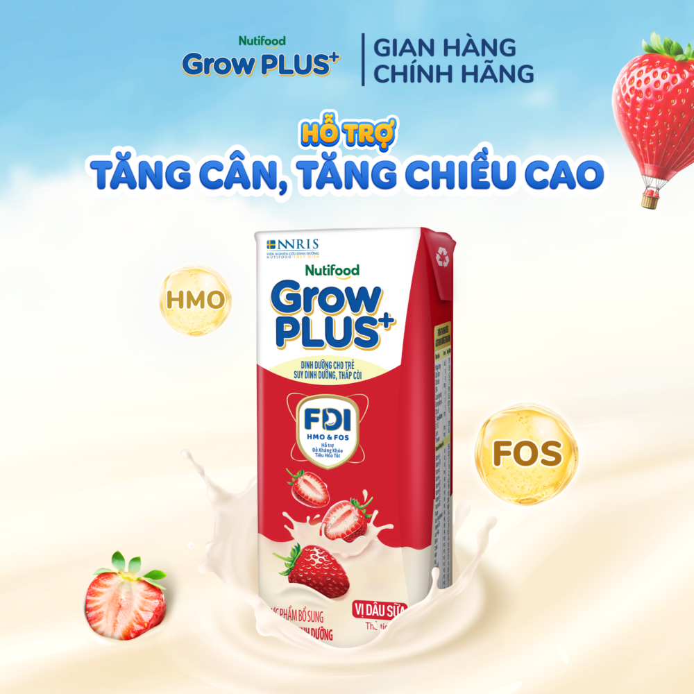 Sữa uống dinh dưỡng GrowPLUS+ Vị Dâu Sữa Hộp 180ml – thùng 24 hộp cho trẻ 1-6 tuổi