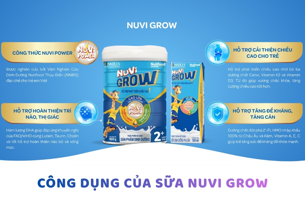 Sữa Nuvi Grow là dòng sản phẩm chuyên biệt giúp trẻ phát triển chiều cao vượt trội, tăng cân hợp lý và phát triển trí não