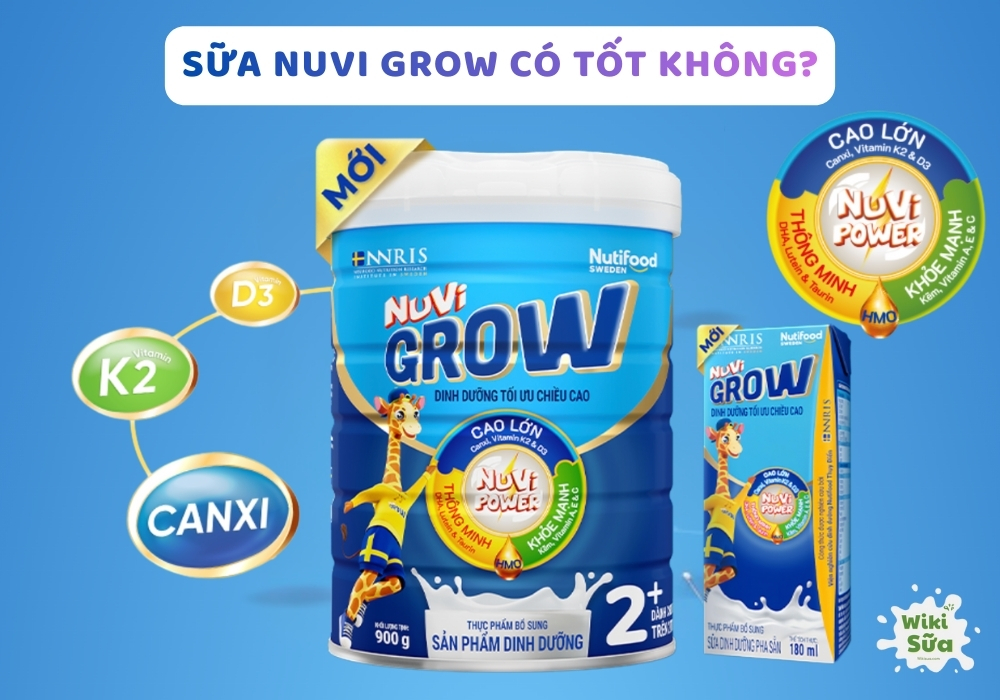 Nuvi Grow có dạng sữa bột và sữa pha sẵn vị chuối thơm ngon, phù hợp cho trẻ từ 1-6 tuổi, giúp bé dễ uống, hấp thu tốt và phát triển toàn diện. (Nguồn: Wiki Sữa)